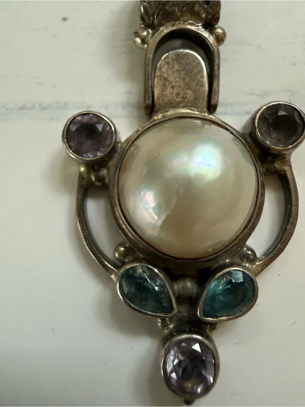 925 Sterling Silver Pearl Pendant with Blue and Purple Topaz Stones